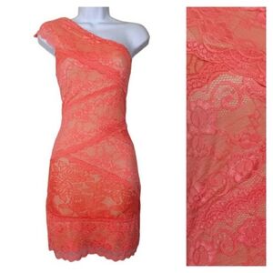 HOMMAGE Coral Pink Lace One Shoulder Nude Lined Bodycon Mini Party Dress Large
